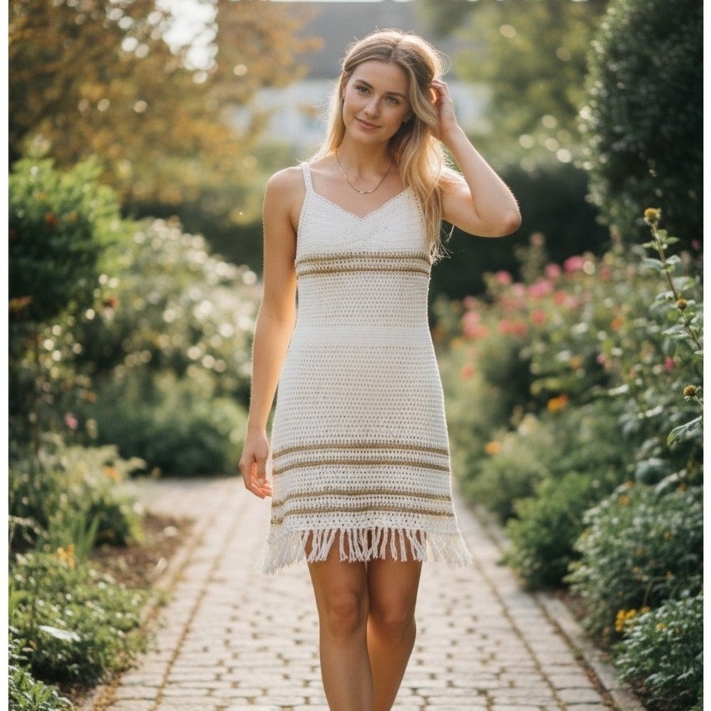 Crochet Mini Dress Womens Small Ivory Gold Fringe Boho Festival Beach Coastal